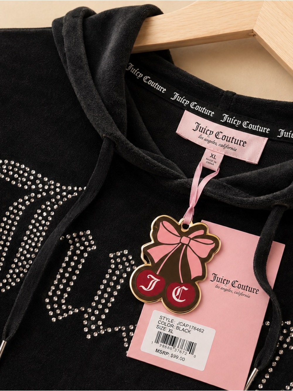 Juicy Couture Black Velour Rhinestone women Hoodie- Brand new! Fits L-XL - Picture 3 of 4